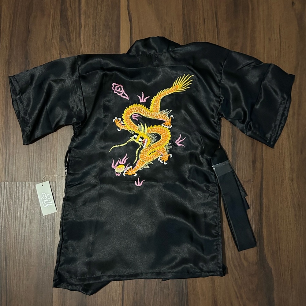 Vintage Golden Dragon Robe Kimono Kids XS Silk Colorful Embroidered NWT